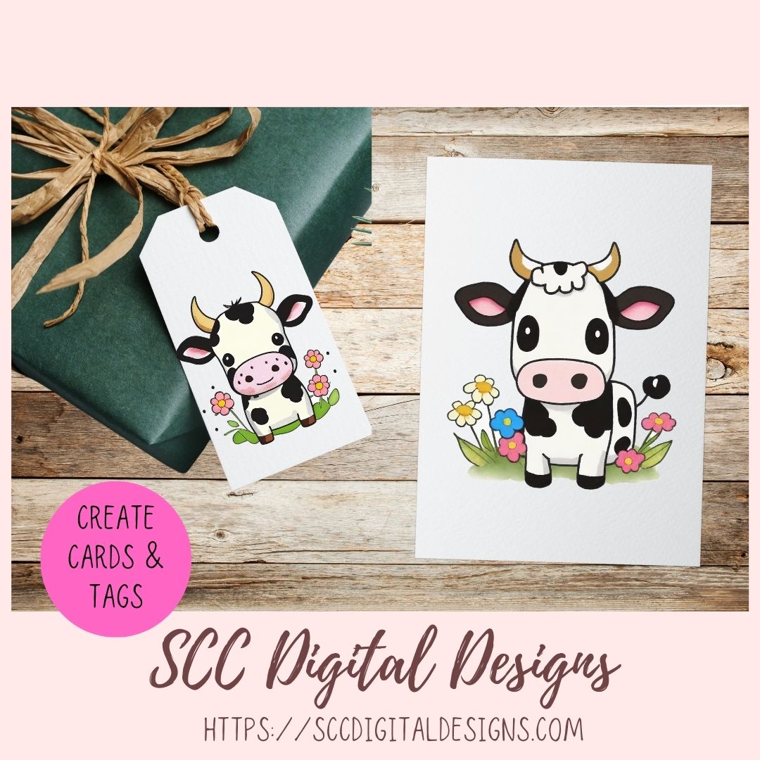 Black & White Cows Digital Planner Stickers, Hand Drawn Colorful Printable Pre-Cropped PNG Images, Goodnotes Compatible, Scrapbook Elements