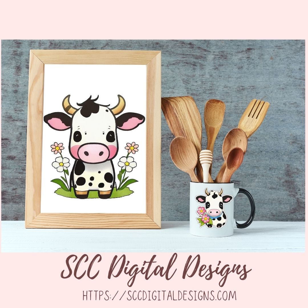 Black & White Cows Digital Planner Stickers, Hand Drawn Colorful Printable Pre-Cropped PNG Images, Goodnotes Compatible, Scrapbook Elements