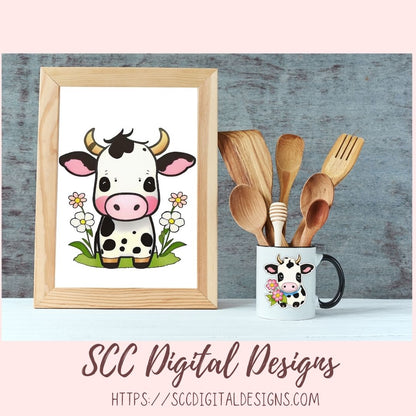Black & White Cows Digital Planner Stickers, Hand Drawn Colorful Printable Pre-Cropped PNG Images, Goodnotes Compatible, Scrapbook Elements