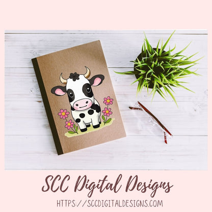 Black & White Cows Digital Planner Stickers, Hand Drawn Colorful Printable Pre-Cropped PNG Images, Goodnotes Compatible, Scrapbook Elements