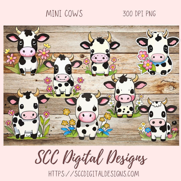 Black & White Cows Digital Planner Stickers, Hand Drawn Colorful Printable Pre-Cropped PNG Images, Goodnotes Compatible, Scrapbook Elements