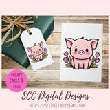 Cute Pig Stickers for Digital, Planners Printable Pre-Cropped Farm Decal for Laptop Tumblers for Kids Pink Spring Flowers for Mom's Calendar