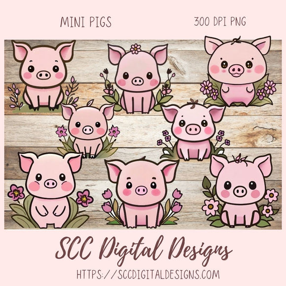 Cute Pig Stickers for Digital, Planners Printable Pre-Cropped Farm Decal for Laptop Tumblers for Kids Pink Spring Flowers for Mom's Calendar