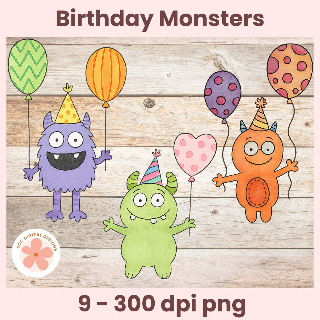 Three colorful birthday monsters with balloons on a wooden background, featuring the brand 'EC Digital Designs'.