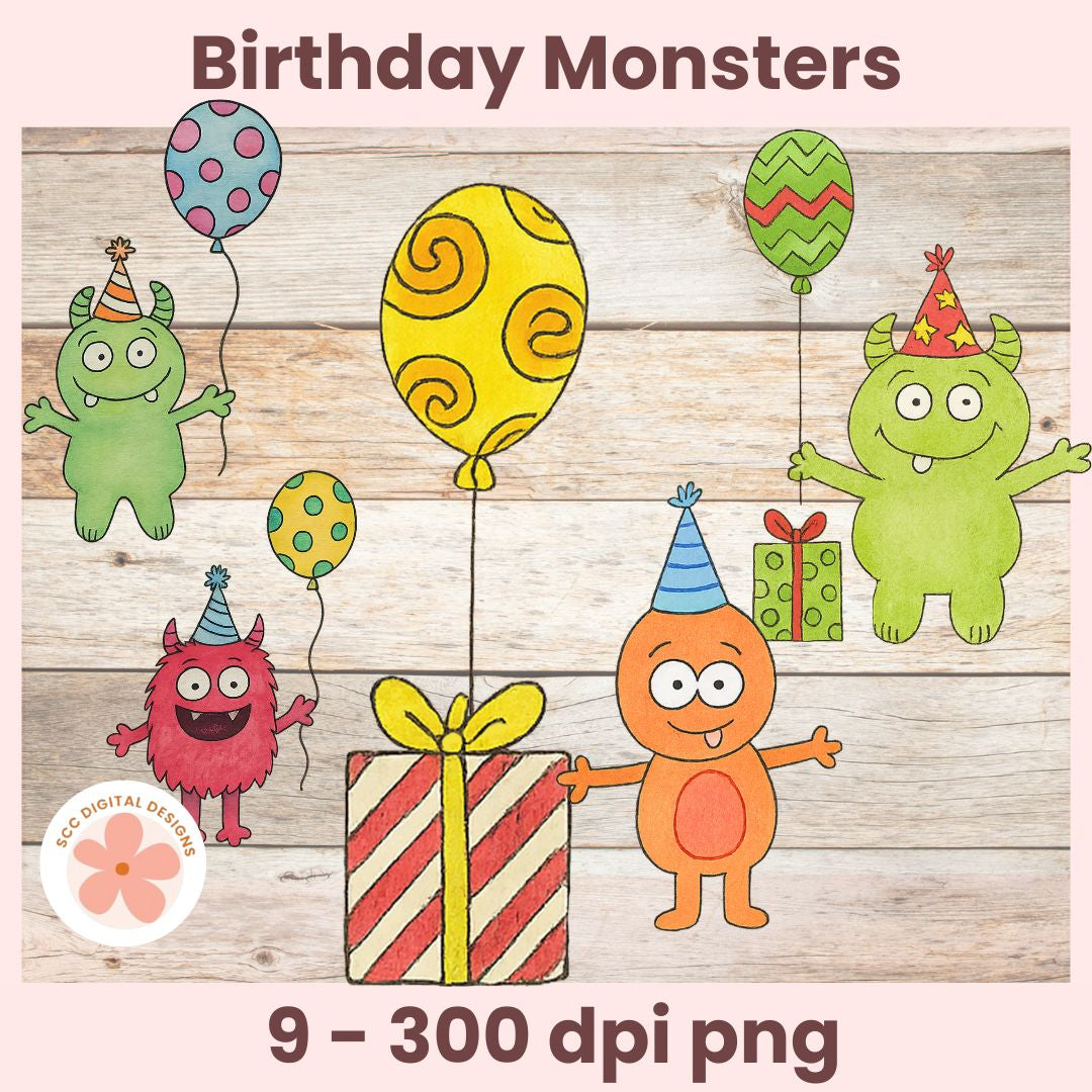 Cartoon monsters celebrating a birthday with balloons and a gift on a wooden background.
