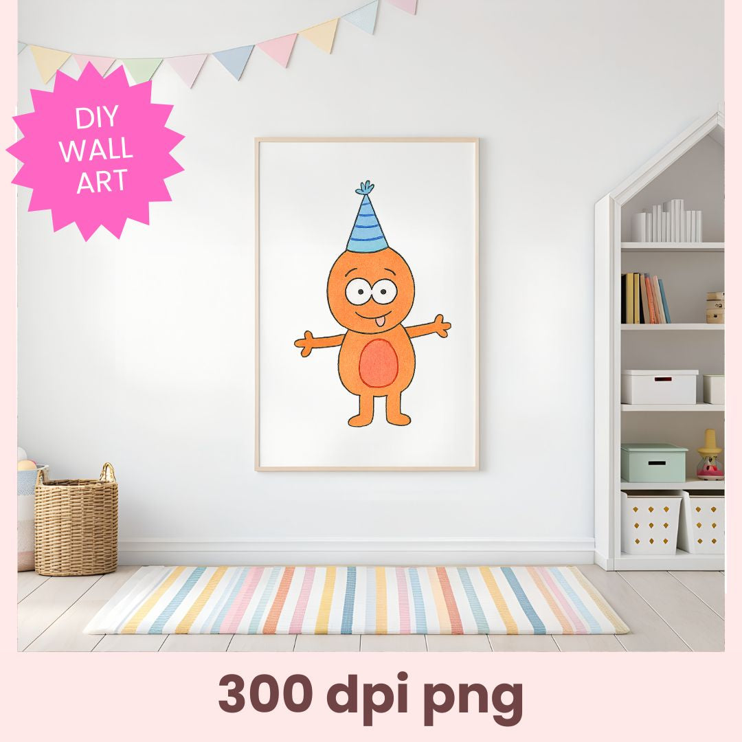 Framed cartoon character on a wall with 'DIY Wall Art' text and '300 dpi png' text at the bottom.