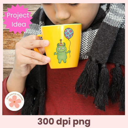 Person holding a yellow mug with a cartoon character, wearing a black scarf, on a wooden surface.