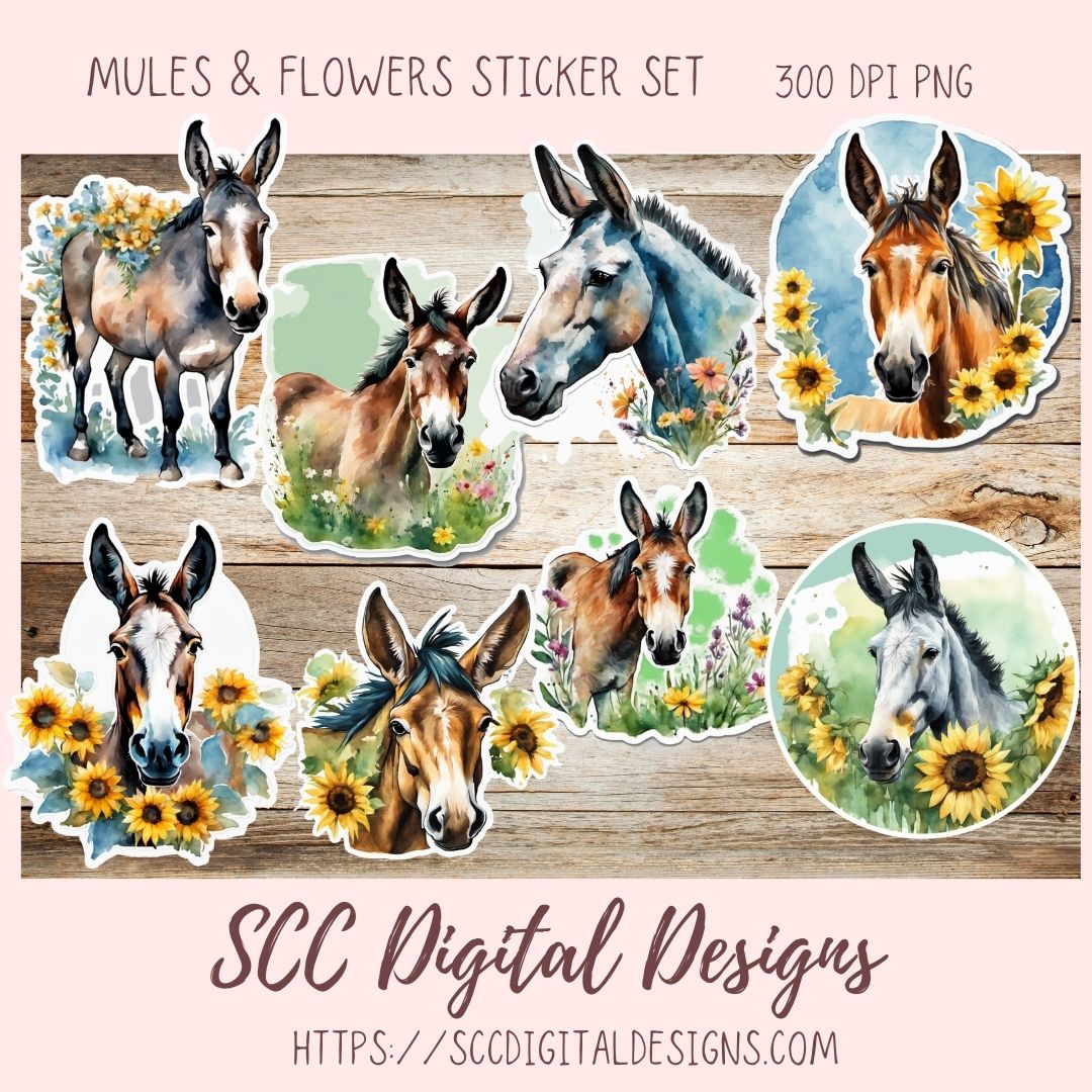 Mule PNG Digital Sticker Pack, Farm Animals Pre-Cropped Print and Cut Stickers for Paper Planners, Goodnotes Compatible Planner Accessories