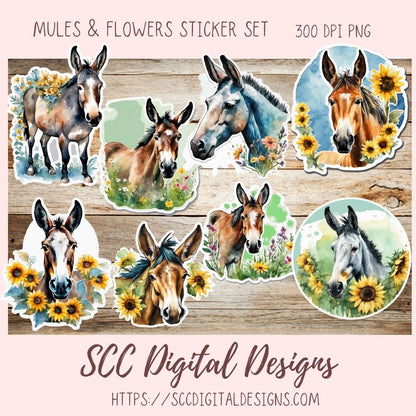 Mule PNG Digital Sticker Pack, Farm Animals Pre-Cropped Print and Cut Stickers for Paper Planners, Goodnotes Compatible Planner Accessories