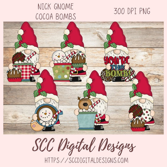 Christmas Gnome Clipart, Santa Gnome, Snowmen, Hot Cocoa Bomb Mugs PNG, DIY Greeting Cards & Gift Tags, Winter Holiday Farmhouse Wall Art