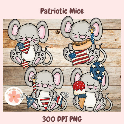 Four illustrated mice with patriotic items on a wooden background, labeled 'Patriotic Mice'.