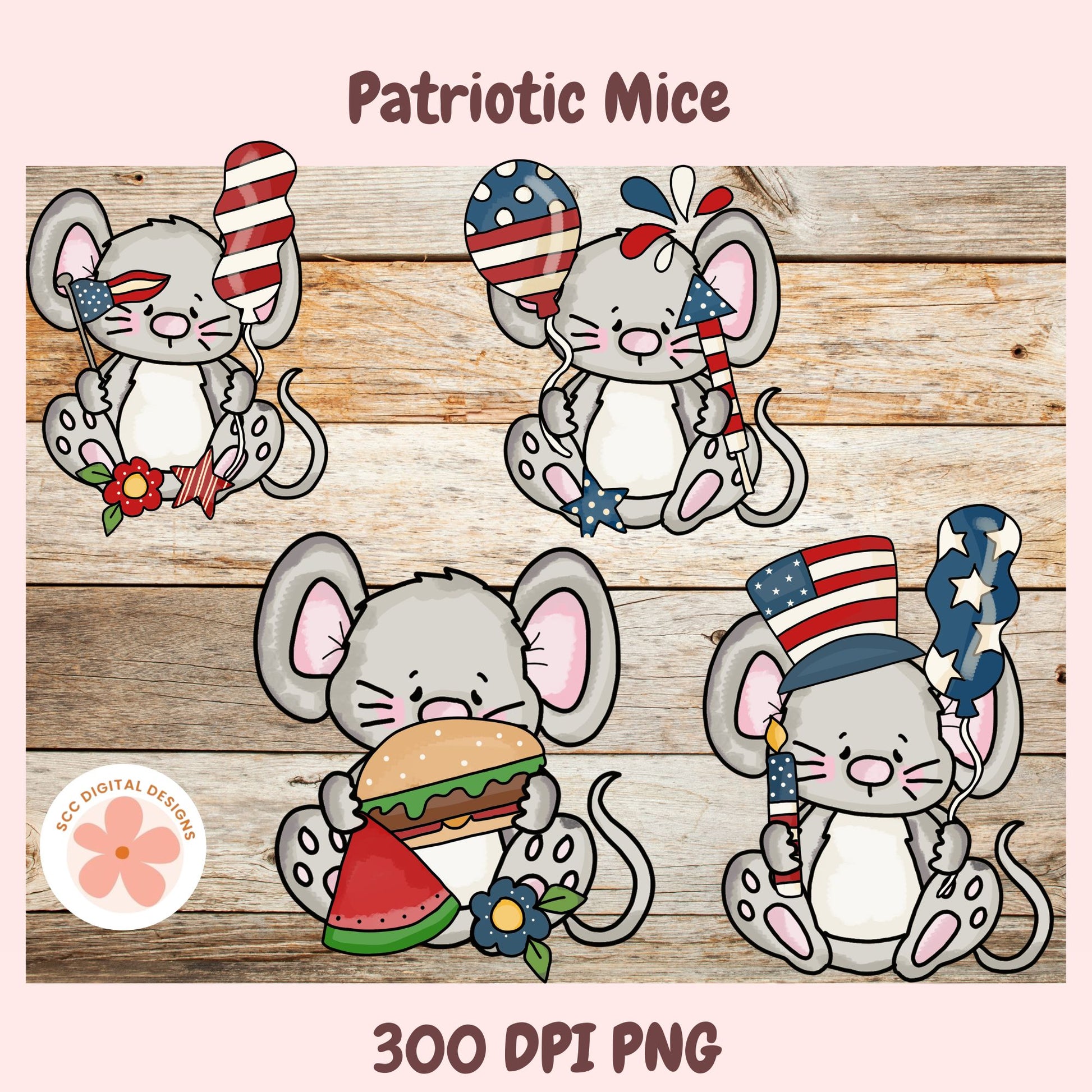 Four cartoon mice in patriotic outfits on a wooden background with 'Patriotic Mice' text.