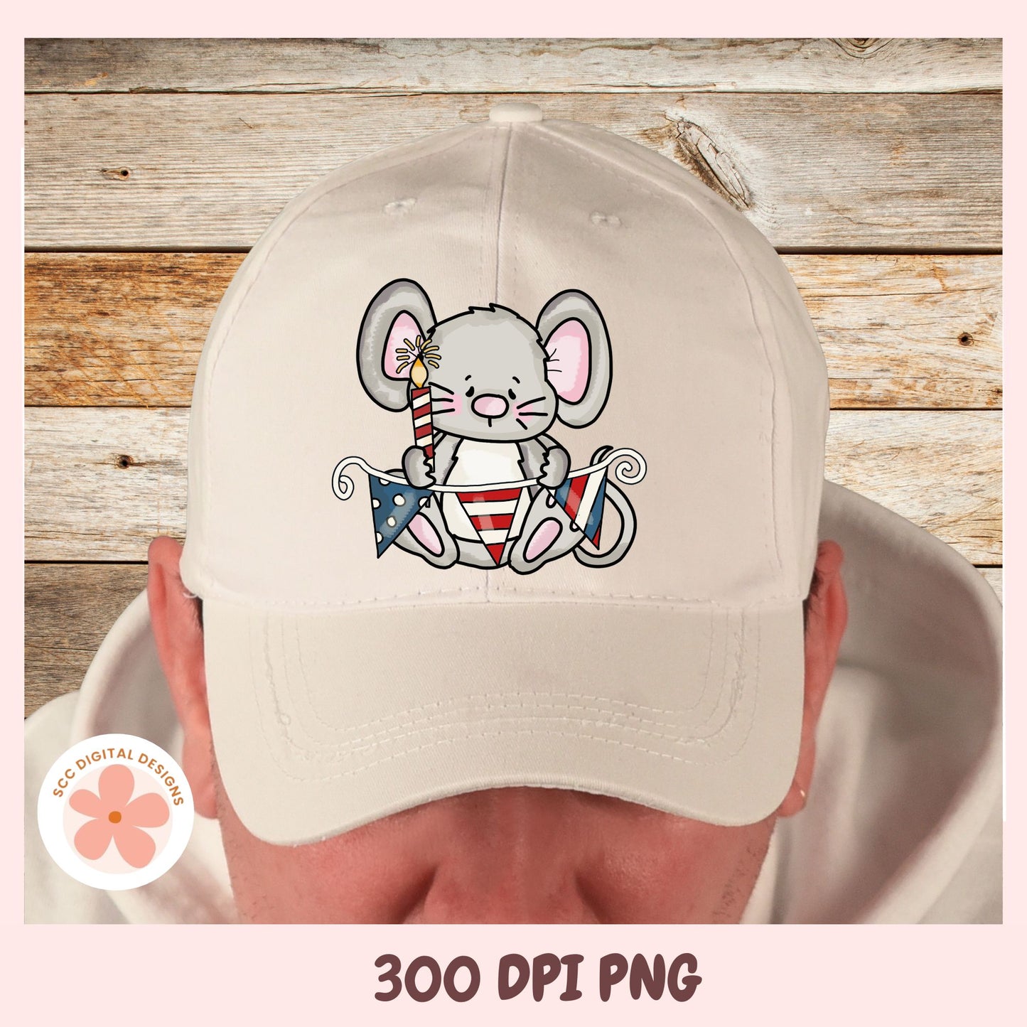 Beige cap with a cartoon mouse design on a wooden background