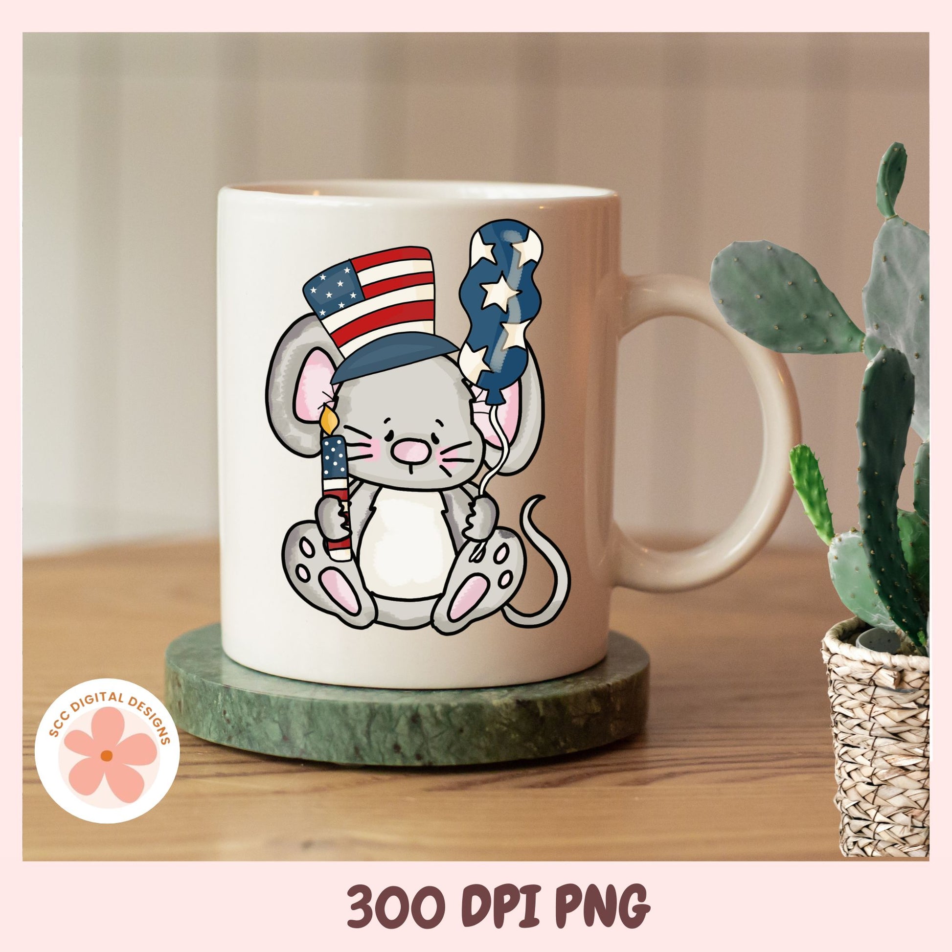 Mug with a cartoon mouse design holding an American flag on a wooden surface.