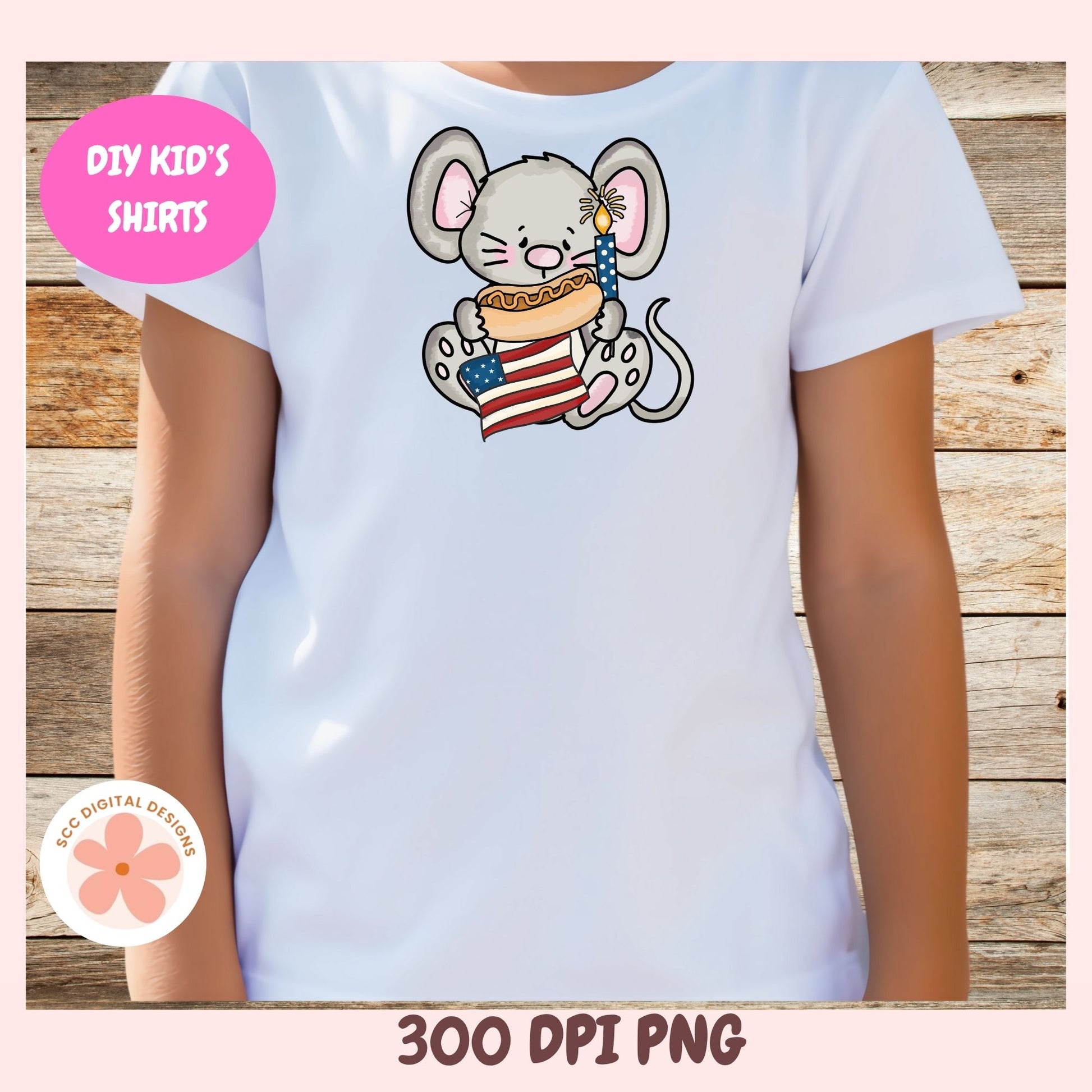 White t-shirt with a cartoon mouse holding an American flag, on a wooden background.