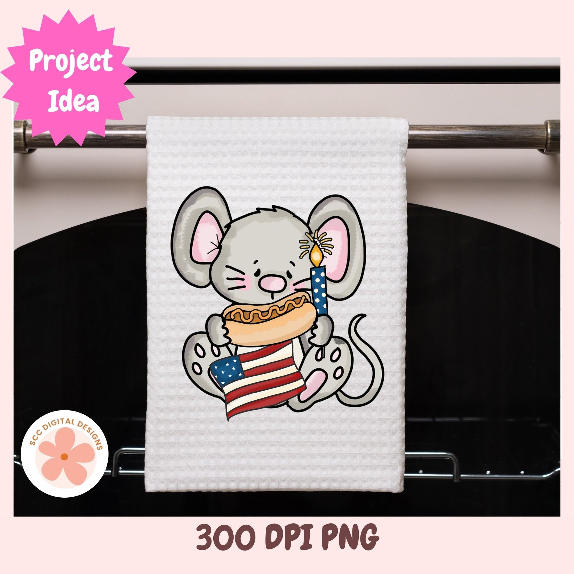Towel with a cartoon mouse design holding an American flag and hot dog, hanging on a rack.