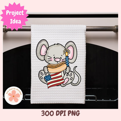 Towel with a cartoon mouse design holding an American flag and hot dog, hanging on a rack.
