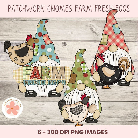 Patchwork gnomes with chicken and rooster designs on a wooden background, featuring 'Farm Fresh Eggs' text.
