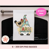 Kitchen towel with a gnome design and 'Farm Fresh Eggs' text hanging on an oven rack.