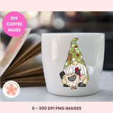 White mug with a cartoon rooster design on a blurred background