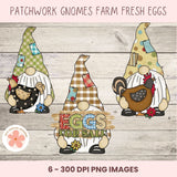 Three patchwork gnome characters with chickens on a wooden background, featuring 'Eggs for Sale' sign.