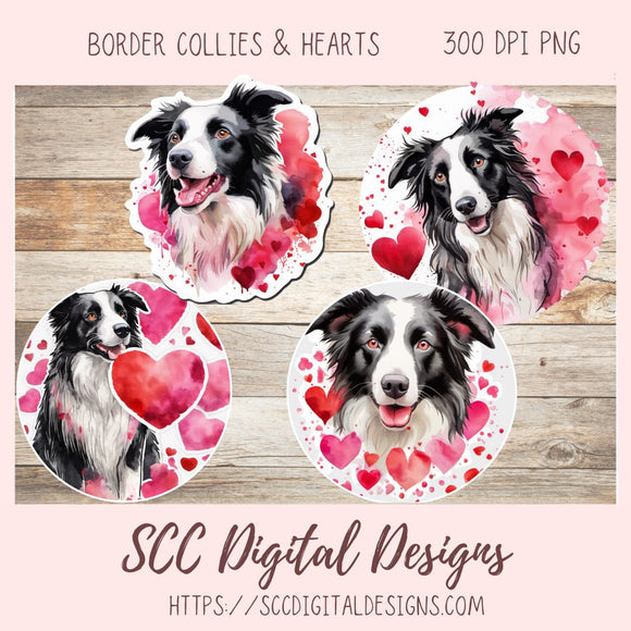 Valentine Border Collie PNG Clip Art, Digital Sticker PNG Bundle, Print and Cut Heart Clipart Paper Planner Stickers,  DIY Gift Tags, Greeting Cards, Journal Cards & Planner Embellishments