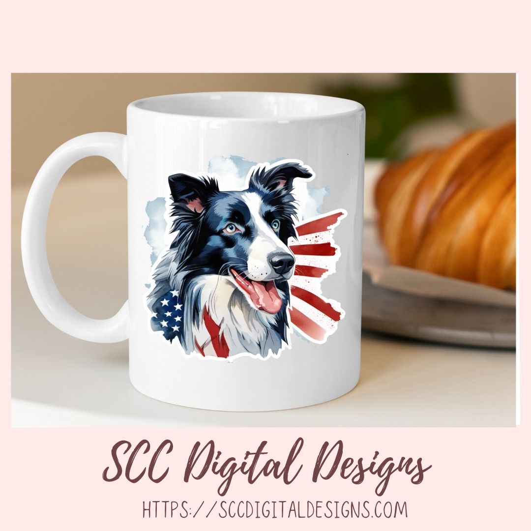 Border Collie PNG Digital Stickers, Patriotic Animal Lover Gift Pre-Cropped Print and Cut Stickers, Goodnotes Compatible Planner Accessories