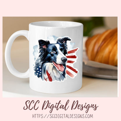 Border Collie PNG Digital Stickers, Patriotic Animal Lover Gift Pre-Cropped Print and Cut Stickers, Goodnotes Compatible Planner Accessories