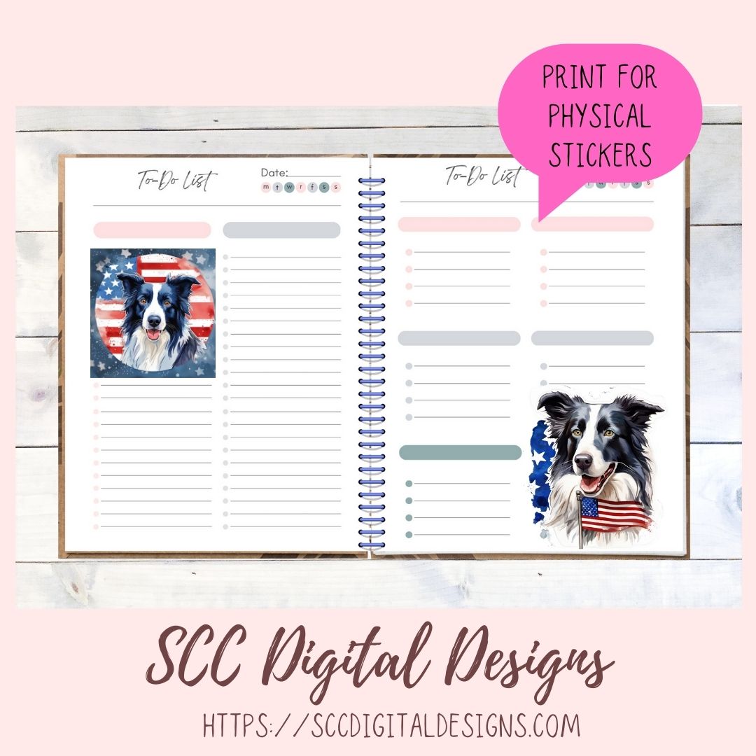 Border Collie PNG Digital Stickers, Patriotic Animal Lover Gift Pre-Cropped Print and Cut Stickers, Goodnotes Compatible Planner Accessories