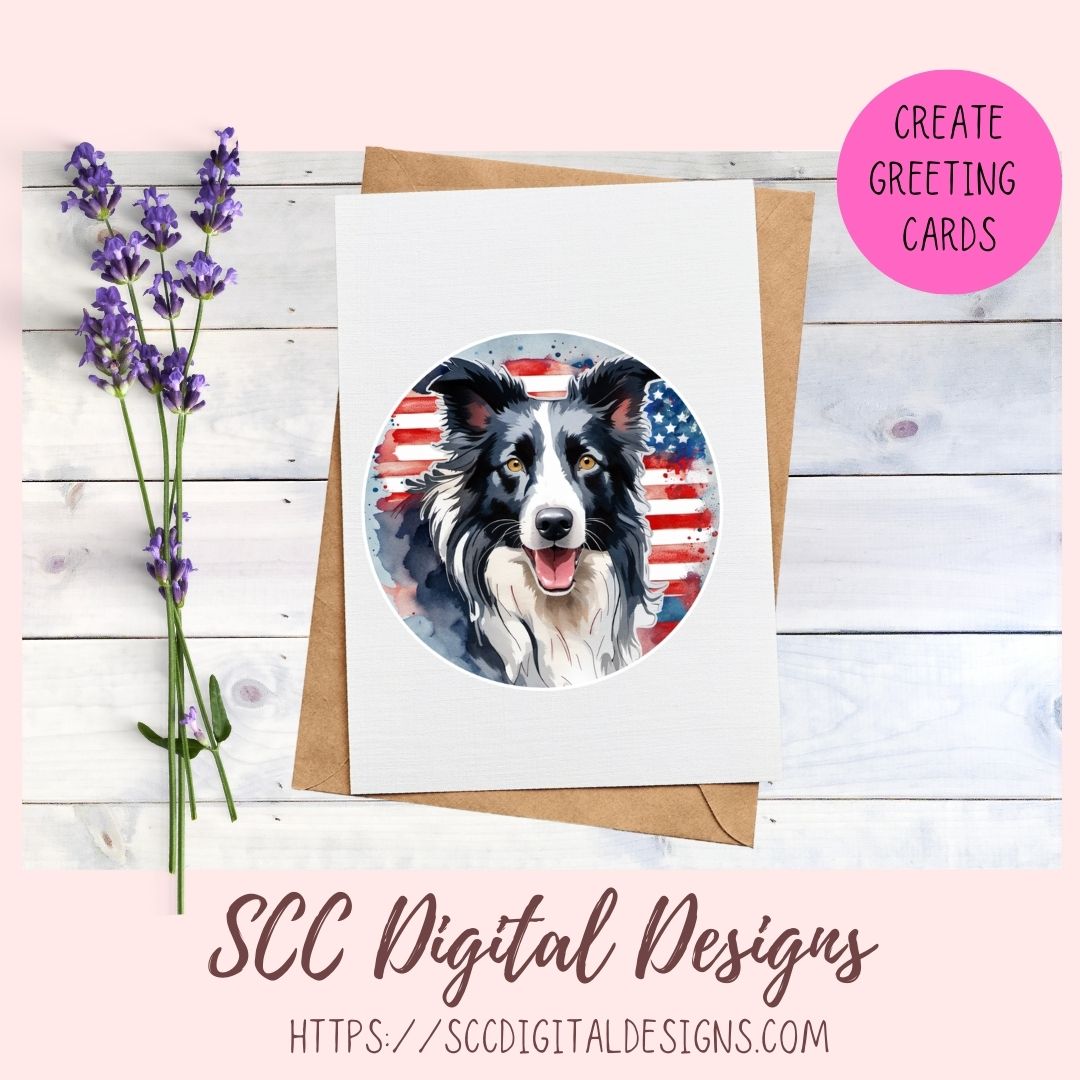 Border Collie PNG Digital Stickers, Patriotic Animal Lover Gift Pre-Cropped Print and Cut Stickers, Goodnotes Compatible Planner Accessories