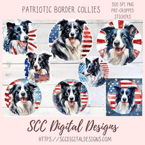 Border Collie PNG Digital Stickers, Patriotic Animal Lover Gift Pre-Cropped Print and Cut Stickers, Goodnotes Compatible Planner Accessories