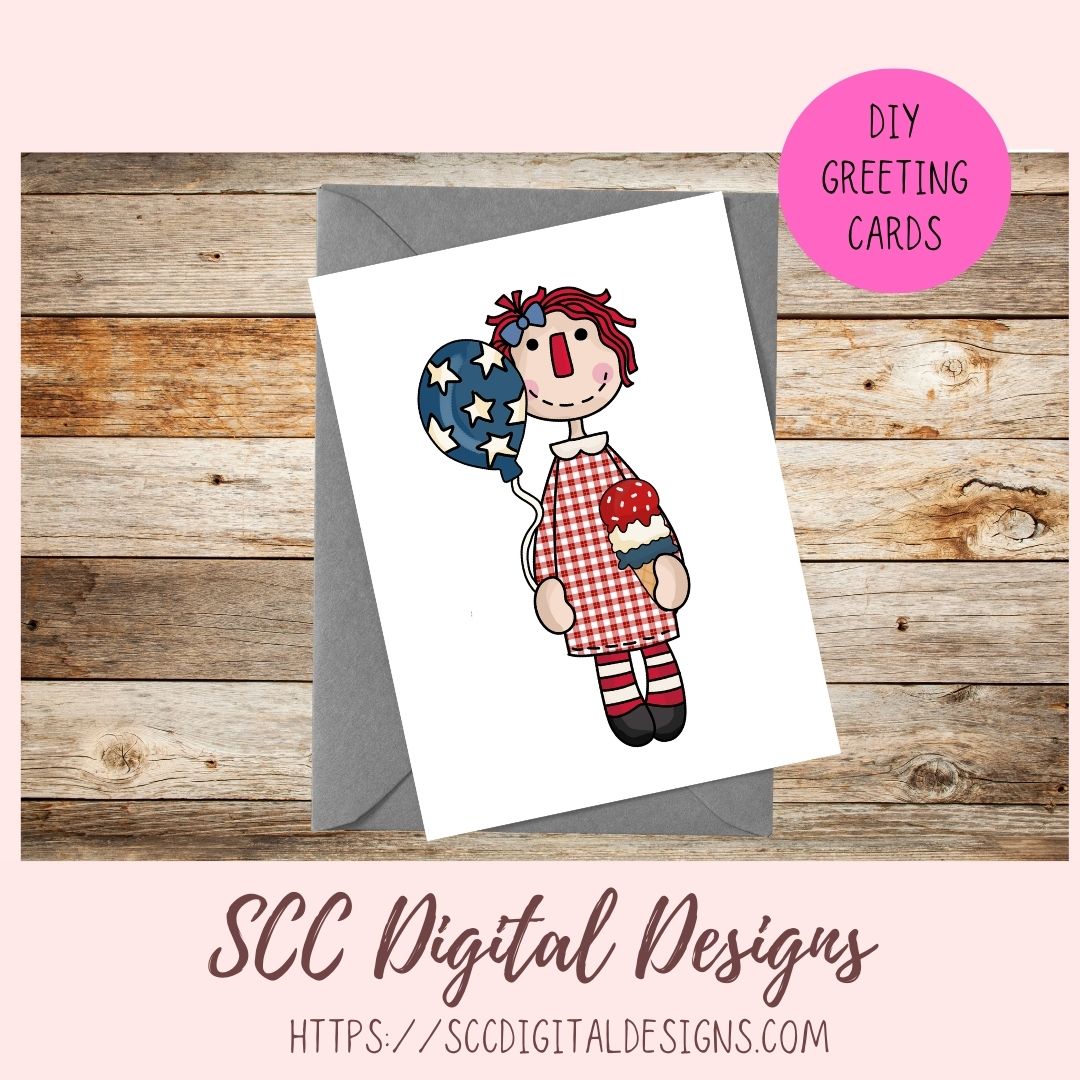 Annie Clipart, Red White Blue Flags, Americana Balloons, BBQ PNGs, Digital Download Primitive Doll Clip Art for T-Shirts for Women and Kids