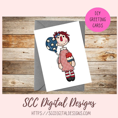 Annie Clipart, Red White Blue Flags, Americana Balloons, BBQ PNGs, Digital Download Primitive Doll Clip Art for T-Shirts for Women and Kids