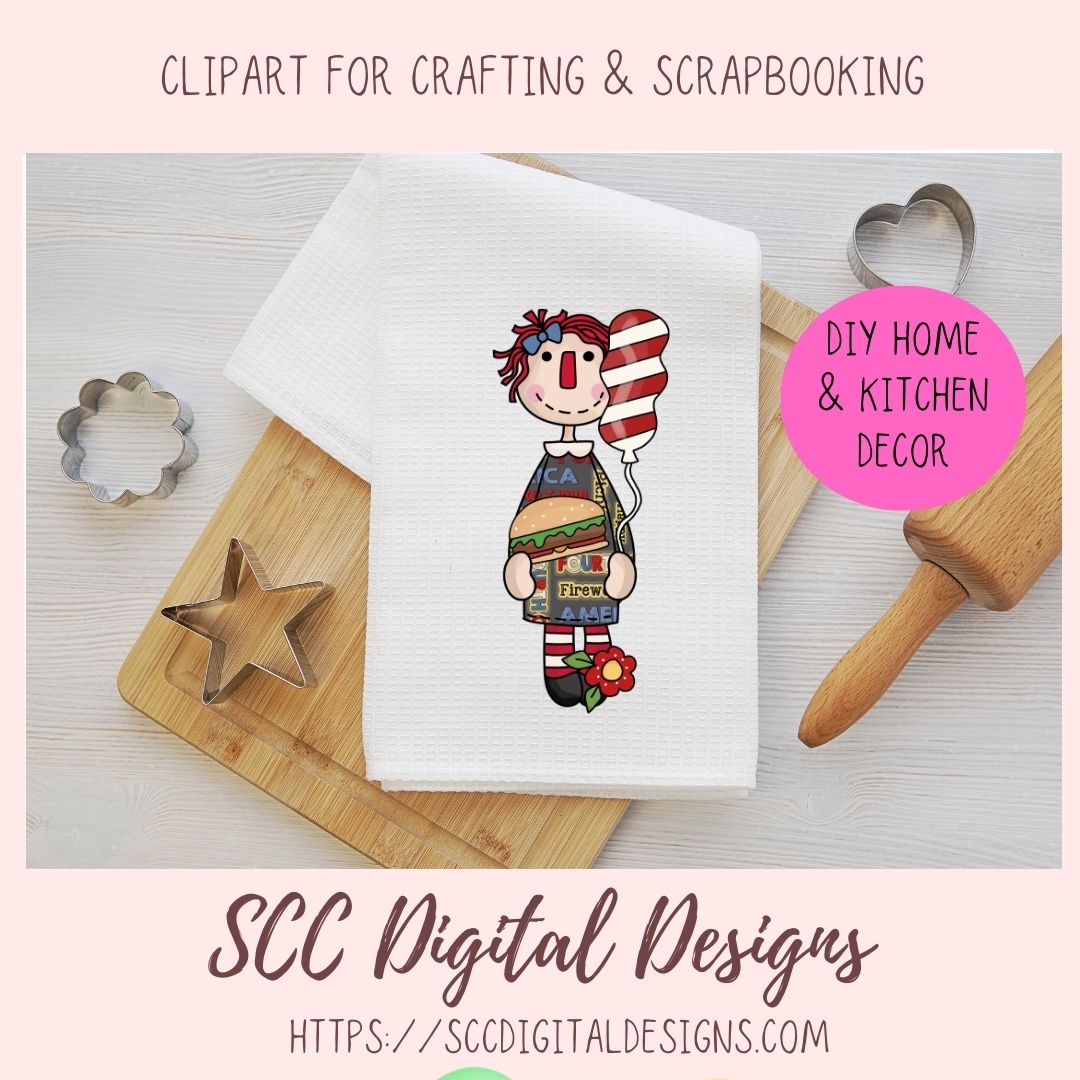 Annie Clipart, Red White Blue Flags, Americana Balloons, BBQ PNGs, Digital Download Primitive Doll Clip Art for T-Shirts for Women and Kids