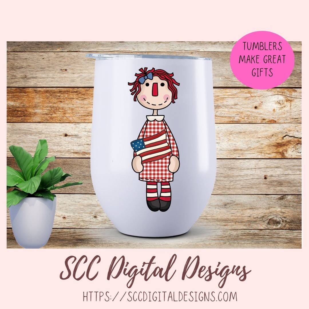 Annie Clipart, Red White Blue Flags, Americana Balloons, BBQ PNGs, Digital Download Primitive Doll Clip Art for T-Shirts for Women and Kids