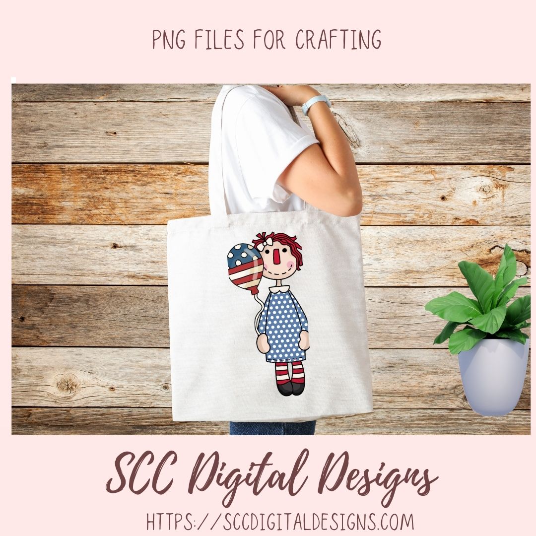 Annie Clipart, Red White Blue Flags, Americana Balloons, BBQ PNGs, Digital Download Primitive Doll Clip Art for T-Shirts for Women and Kids
