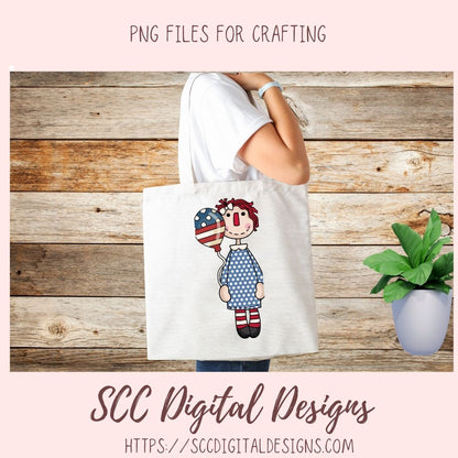 Annie Clipart, Red White Blue Flags, Americana Balloons, BBQ PNGs, Digital Download Primitive Doll Clip Art for T-Shirts for Women and Kids