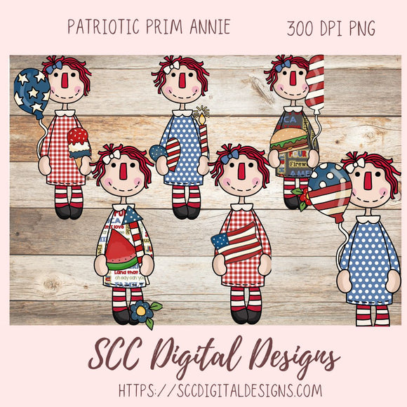 Annie Clipart, Red White Blue Flags, Americana Balloons, BBQ PNGs, Digital Download Primitive Doll Clip Art for T-Shirts for Women and Kids