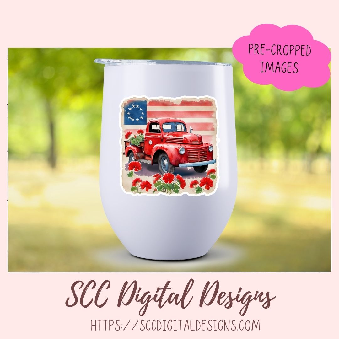 Patriotic Old Red Truck Digital Stickers, Americana Lover Gift, Pre-Cropped Print and Cut Stickers, Goodnotes Compatible Planner Accessories