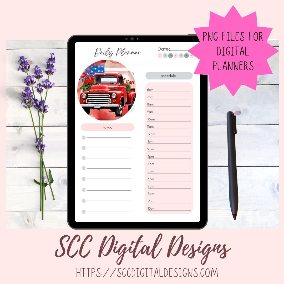 Patriotic Old Red Truck Digital Stickers, Americana Lover Gift, Pre-Cropped Print and Cut Stickers, Goodnotes Compatible Planner Accessories