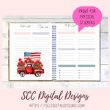 Patriotic Old Red Truck Digital Stickers, Americana Lover Gift, Pre-Cropped Print and Cut Stickers, Goodnotes Compatible Planner Accessories