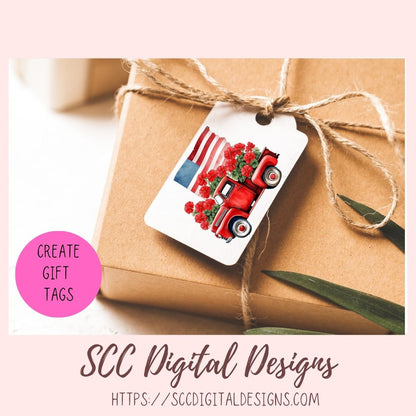 Patriotic Old Red Truck Digital Stickers, Americana Lover Gift, Pre-Cropped Print and Cut Stickers, Goodnotes Compatible Planner Accessories