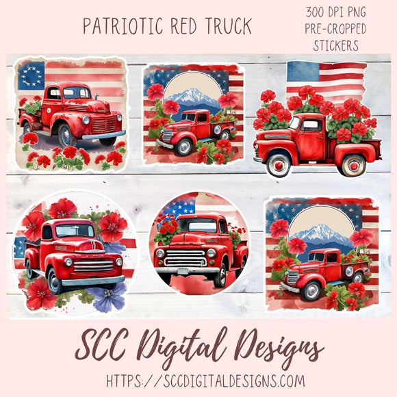 Patriotic Old Red Truck Digital Stickers, Americana Lover Gift, Pre-Cropped Print and Cut Stickers, Goodnotes Compatible Planner Accessories
