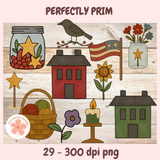 Collection of rustic illustrations including houses, jars, flowers, and a basket on a wooden background with 'Perfectly Prim' branding.
