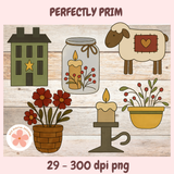 Set of illustrations including a house, jar with candle and flowers, sheep, candles, and potted plants on a wooden background. Brand 'Perfectly Prim' is visible.