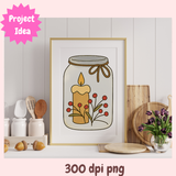 Framed artwork of a candle in a jar with flowers on a kitchen counter.