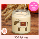 Candle with a sheep design on a wooden surface with wheat and pumpkins.