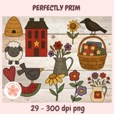 Collection of illustrations including a house, sheep, birds, flowers, and a basket on a wooden background with 'Perfectly Prim' branding.