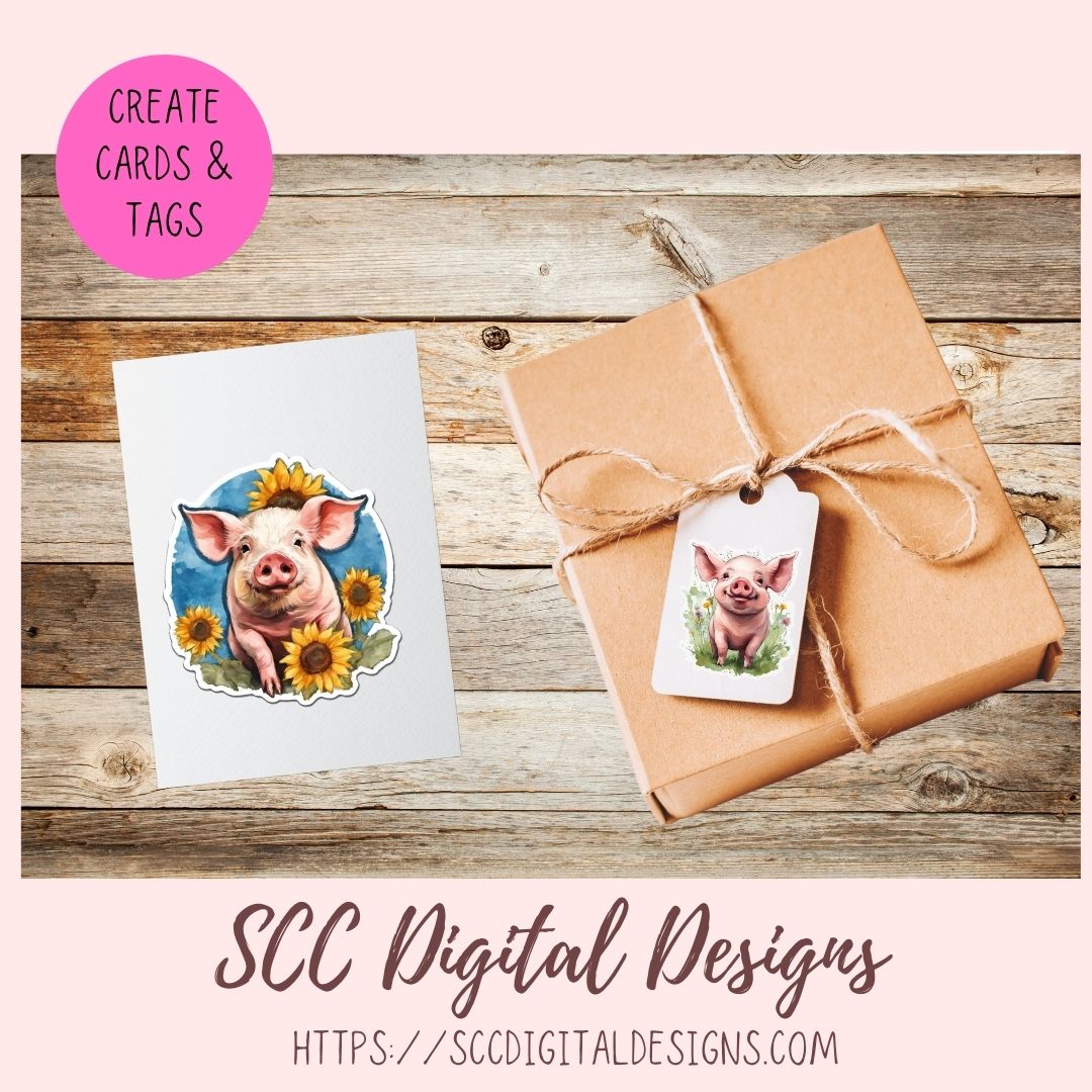 Cute Pig Sticker Set for Digital Planning and Printable Planners, Journals, Scrapbooking, Sunflowers & Piglet PNGs, Instant Download Goodnotes Compatible PNG Images