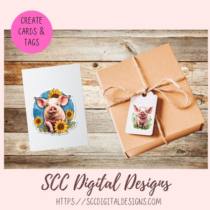 Cute Pig Sticker Set for Digital Planning and Printable Planners, Journals, Scrapbooking, Sunflowers & Piglet PNGs, Instant Download Goodnotes Compatible PNG Images